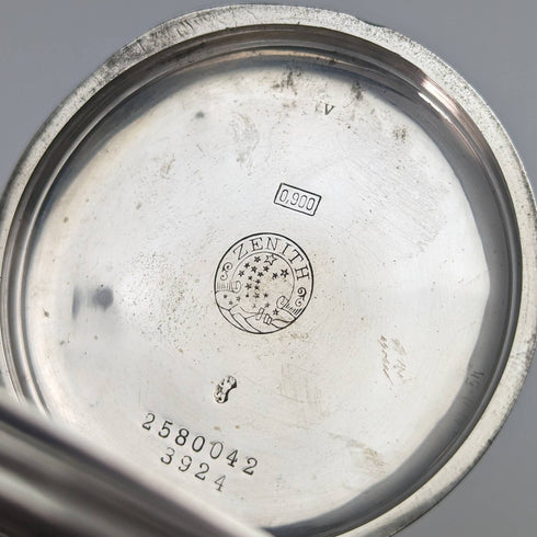 Around 1913 Antique Zenith pocket watch Art Nouveau engraving Hunter case on silver side Works well